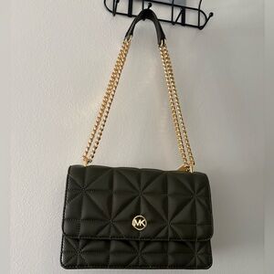 Michael Kors Dark Green Quilted Shoulder Bag with Gold Chain MSRP $358